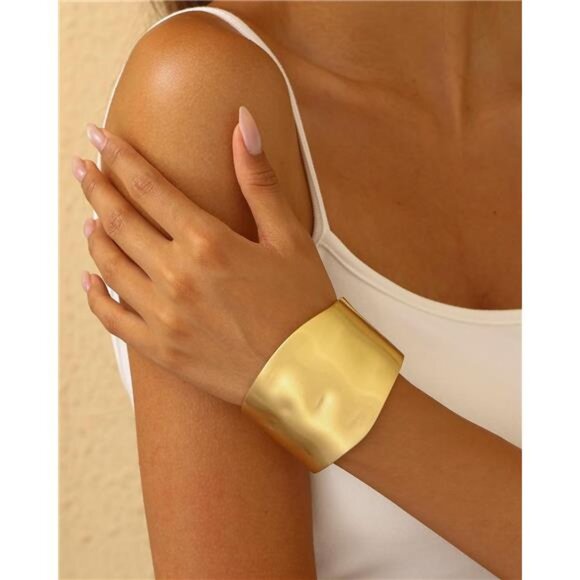 Gold Bangle Bracelets for Women Chunky Wide Hinged Arm Cuff Stackable Jewelry - Picture 2 of 7